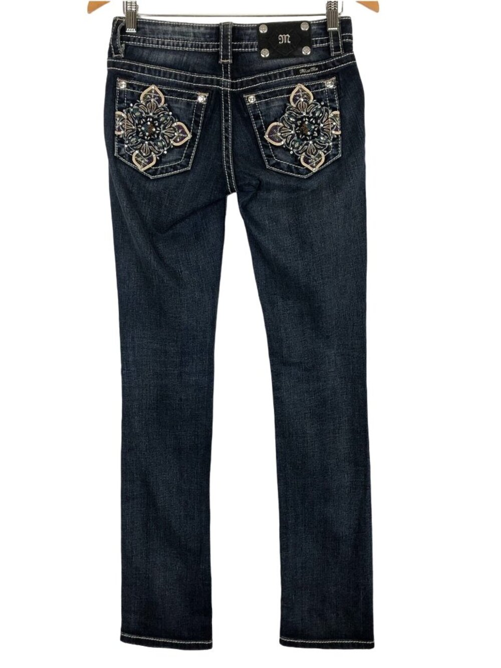 Miss Me Signature Straight Jeans Sz 26 X 33 Blue Denim Low Rise Embellished